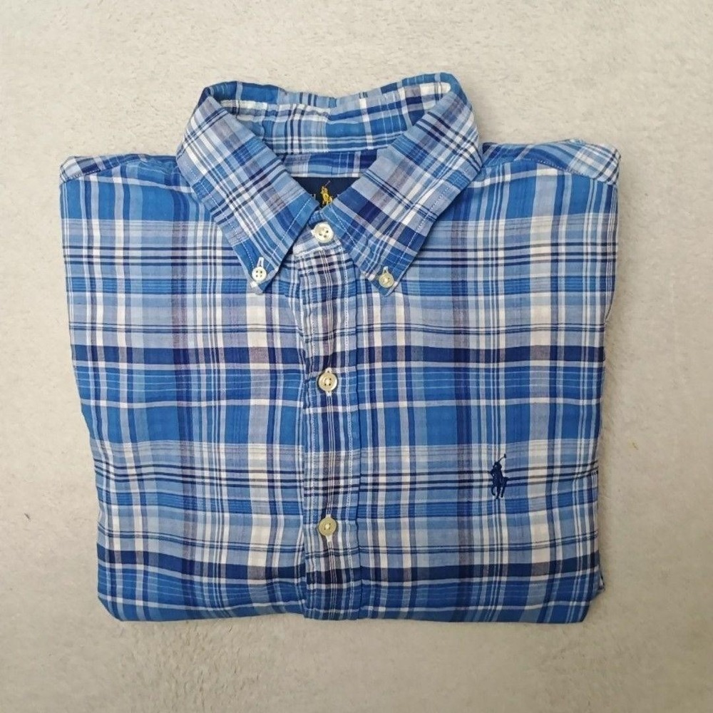 Ralph Lauren Shirt Mens S Blue Plaid Button-Up Classic Fit Cotton Pony Contrast